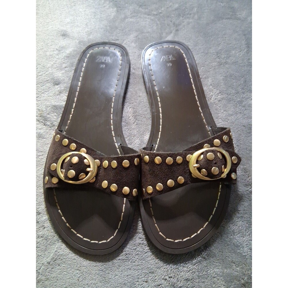 Zara Brown Suede Gold Studded Sandals. Size 8